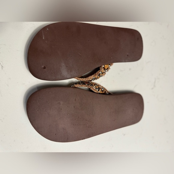 Gypsy Sole Brown Sandals with Turquoise style Gemstone/ cross rhinestone accent - Picture 5 of 6